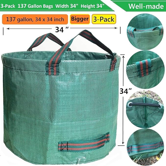 Professional 3-Pack 137 Gallon Lawn Garden Bags (D34,H34 inch) Big Yard Waste Bags with Gardening Gloves,Extra Large Reusable Leaf Bag,Grass Clippings Bag,Leaf Container,Yard Trash Container 4 Handles