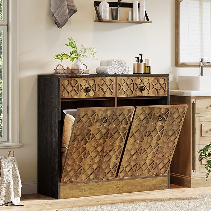 Tribesigns Double Tilt Out Trash Can Cabinet, 20 Gallon Wooden Free Standing Laundry Sorter Cabinet with 2 Drawers, Wooden Hidden Garbage Cabine with Geometric Relief Design for Kitchen, Bathroom