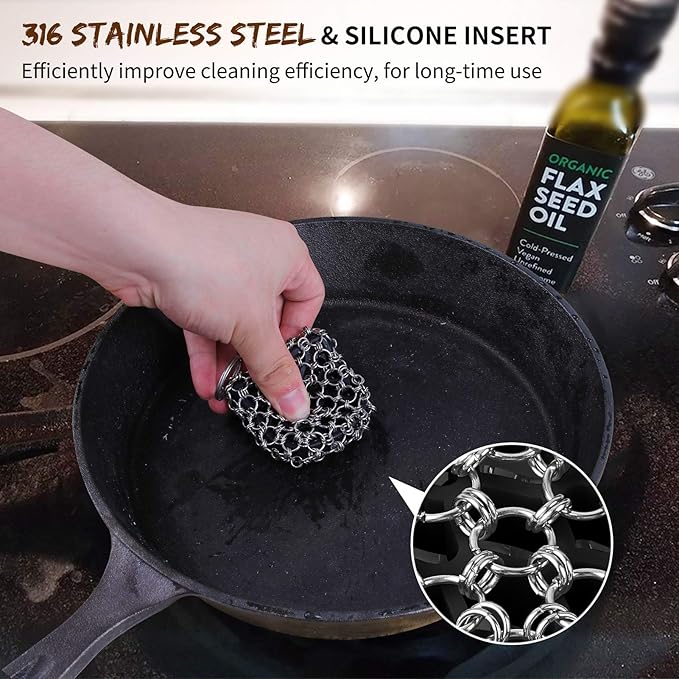 Herda Cast Iron Scrubber Tool Kit,2Pack Cast Iron Skillet Cleaner Cleaning Care Kit 316 Chain Mail Scrubber, Steel Skillet Brush Plastic Pan Scraper Set for Grill Griddle Pot Dish Food