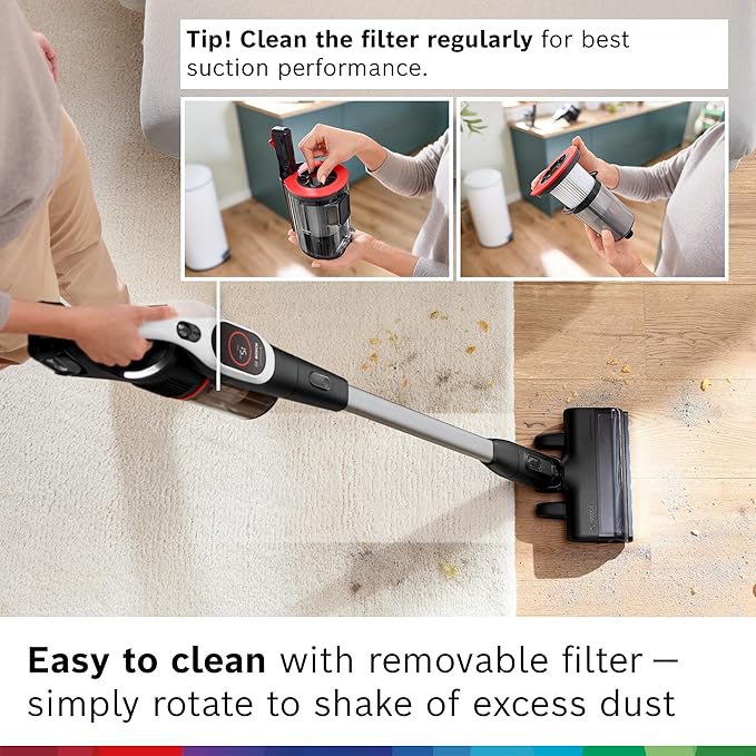 Bosch Unlimited 9 Cordless Stick Vacuum, Up to 60-min Runtime, MicroClean Technology, >99.9% Dust Pickup, Dust Compression, HEPA Filter, Pet Hair, Carpets & Hard Floors, 3 Accessories, White