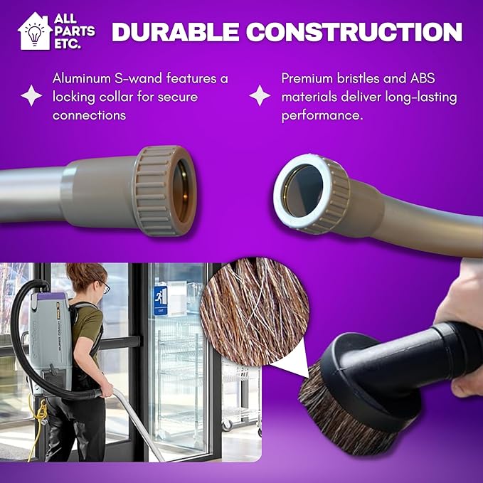 Commercial Backpack Vacuum Attachment Kit 1 1/2" - Compatible with ProTeam, Tennant, Sandia, Powr-Flite & More - with Aluminum S-Wand, Hard Floor Tool, Crevice Tool, Dust & Upholstery Brush 7-Pack