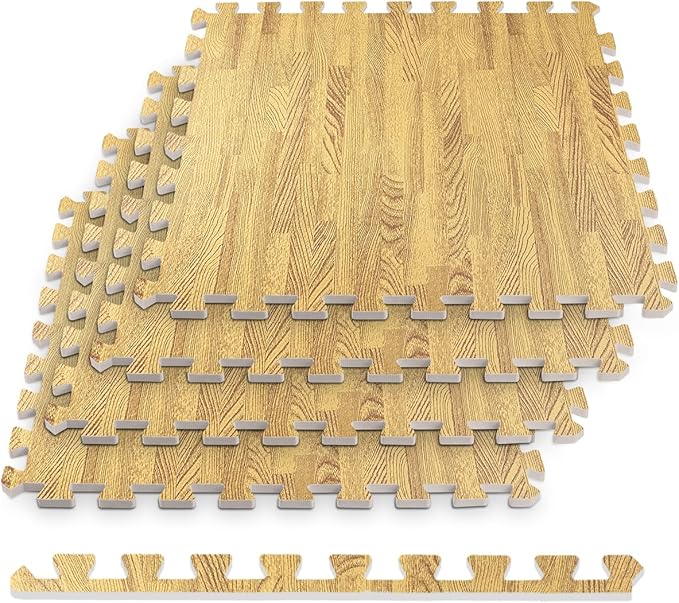 HomeCube USA 3/8 Inch Thick Interlocking Wood Grain Foam Floor Tiles for Home, Office, Workout Equipment Space, Commercial Areas, Anti-Fatigue Flooring Padding 24x24 in., Medium Oak 32 SQ Ft - 8 Tiles