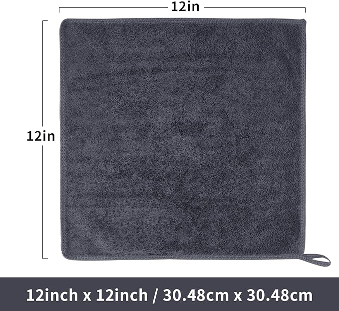 6 Pack Microfiber Wash Cloth, 12x12 Inch Highly Absorbent and Soft Feel Fingertip Towels, Machine Washable Washcloths for Bathroom, Gym, Hotel, Spa and Kitchen, Convenient Hook, Grey