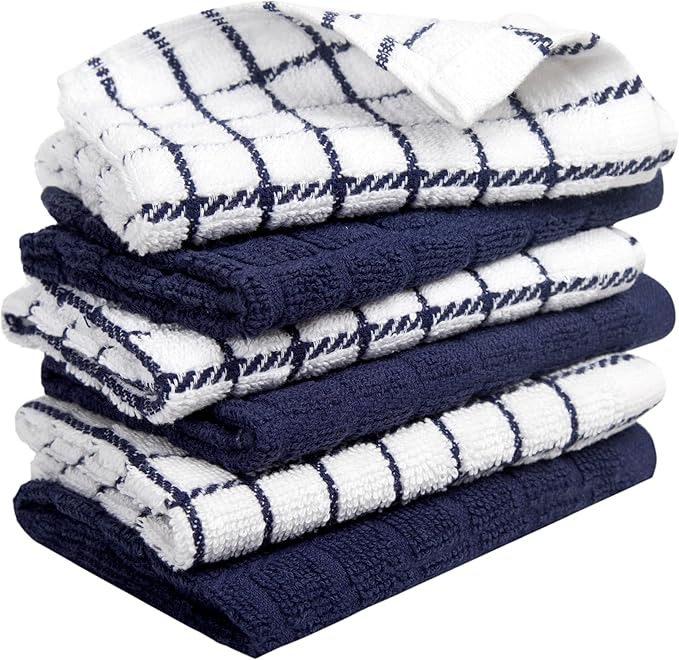 Bumble Premium Cotton Dish Cloths 12" x 12"| Navy Design | 405 GSM | Highly Absorbent & Soft Dish Towels | 100% Natural Ring Spun Cotton Kitchen Towel Set - 6 Pack