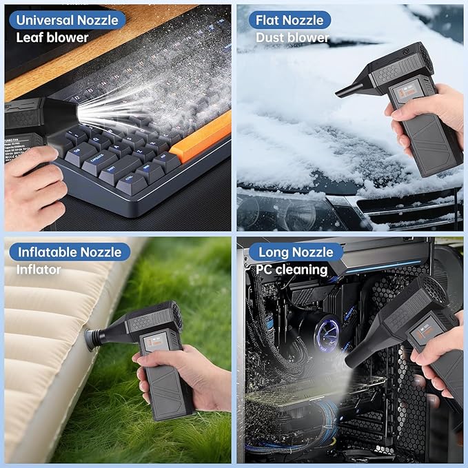 Electric Compressed Air Duster & Cordless Air Blower - Smart Display, Max 70m/s Wind & 330g Thrust, for Keyboard Cleaning, Car Drying, PC, Barber, Garage, USB-C Power Bank, 100Min, 4 Nozzles