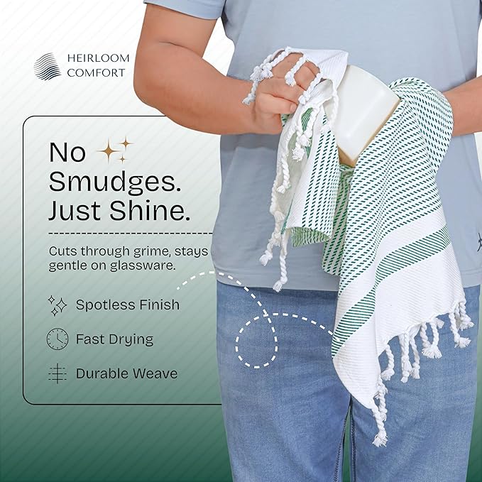 Turquiose Green Turkish Kitchen Towels 16"x26", 3 Pack, 100% Cotton, Ultra Absorbent, Soft, Fast Dry, Machine Washable, Dish Towel with Tassels for Drying Dishes, Cleaning, Wiping