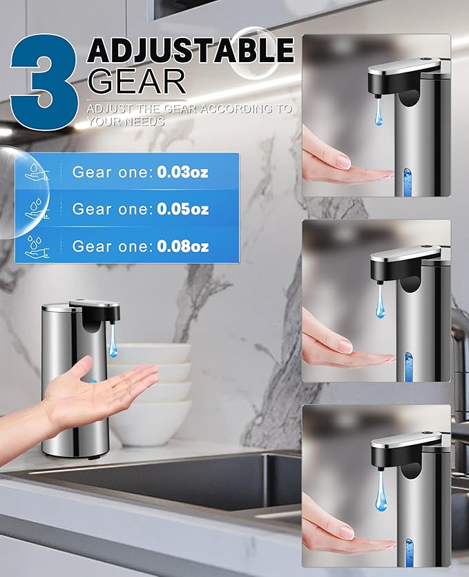 Automatic Soap Dispenser, 13.5oz/400ml Stainless Steel Touchless Soap Dispenser Liquid, 3 Levels Adjustable Infrared Sensor Free Hand Electric Dish Dispenser for Bathroom,Kitchen,Hotel