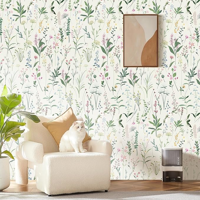 Spring Floral Wallpaper - Peel & Stick Self-Adhesive (17.5" x 393.7"), Vintage Flower Vinyl Contact Paper for Cabinets, Removable Wall Covering for Kitchen, Bathroom & Home Decor