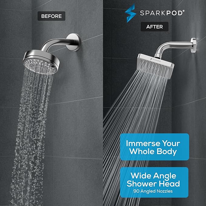 SparkPod Shower Head - High Pressure Rain - Premium Quality Luxury Design - 1-Min Install - Easy Clean Adjustable Replacement for Your Bathroom Shower Heads (Luxury Polished Chrome, 6 Inch Square)