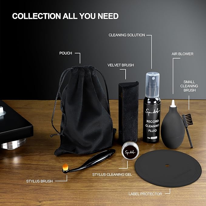 SpinArt Vinyl Record Cleaning Kit, 8-in-1 Record Cleaner Kit with Velvet Brush, Cleaner Liquid, Stylus Brush & Gel, Mini Brush, Air Blower, Label Protector, Pouch Vinyl Cleaning Kit for LP Albums