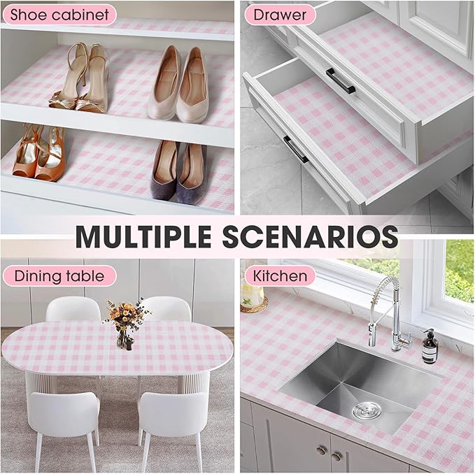 Drawer and Shelf Liner, Non-Slip Kitchen Cabinet Liners Non-Adhesive Thick Strong Grip Waterproof Washable Mats Protect Dresser Shelves Cupboard Bathroom Cabinets, Pink Plaid, 18 in X 20 FT