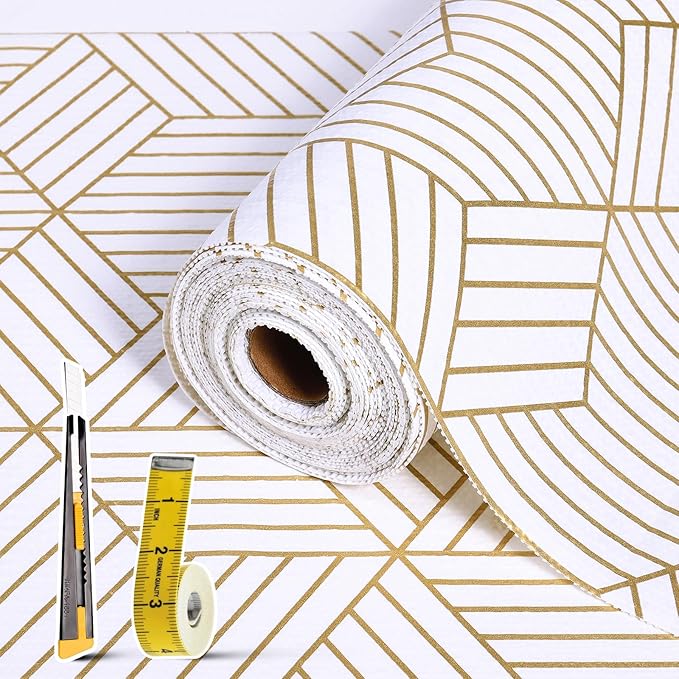 Shelf Liners for Kitchen Cabinets 23.6in x 49.21FT, Non Adhesive Cabinet Liner Strong Non-Slip Thickened Gold Geometric Drawer Liner, Easy to Clean for Shelf, Cabinet with Knife and Tape Measure