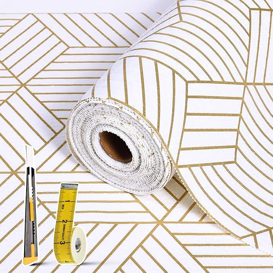 Shelf Liners for Kitchen Cabinets 23.6in x 49.21FT, Non Adhesive Cabinet Liner Strong Non-Slip Thickened Gold Geometric Drawer Liner, Easy to Clean for Shelf, Cabinet with Knife and Tape Measure