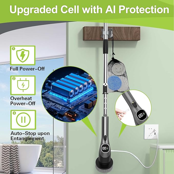 WKY-Electric Spin Scrubber - Upgraded 12-in-1 IPX7 Waterproof Shower Scrubber, Retractable Handle & 2-Speed for Toilet, Bathroom, Bathtub, Tile Floors Black