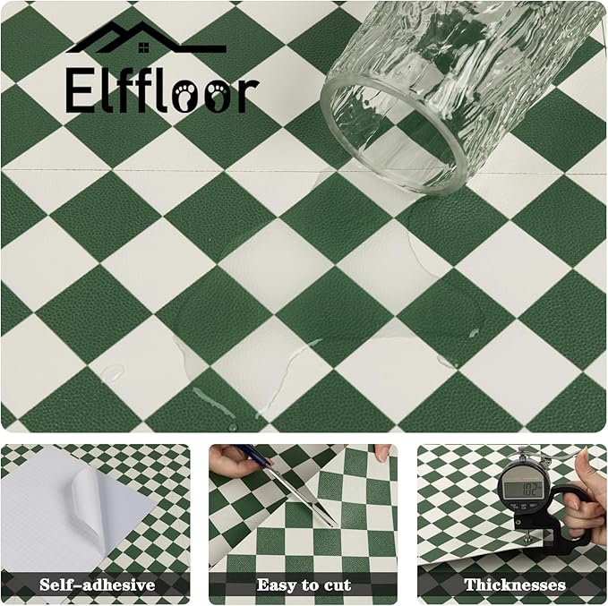 Elffloor Peel and Stick Floor Tile: 20pc 11.8 * 11.8in Self-Adhesive Waterproof Vinyl Flooring Green and White Tiles Sticker for Bathroom, Kitchen, Bedroom, Living Room