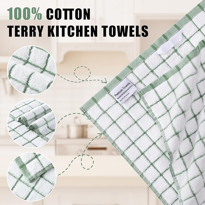 Homaxy Premium Kitchen Towels(16”x 28”, 6 Pack), Large Ring Spun Cotton Dish Towels, Super Absorbent Soft Terry Kitchen Hand Towels, Check Design Tea Towel Set with Hanging Loop, Grass Green