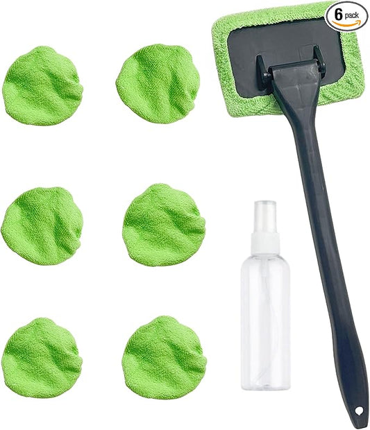 6PCS Windshield Cleaning Tool Car Window Cleaner with 5 Reusable and Washable Microfiber Pads and Extendable Handle Auto Inside Glass Wiper Kit Green (Light Green)