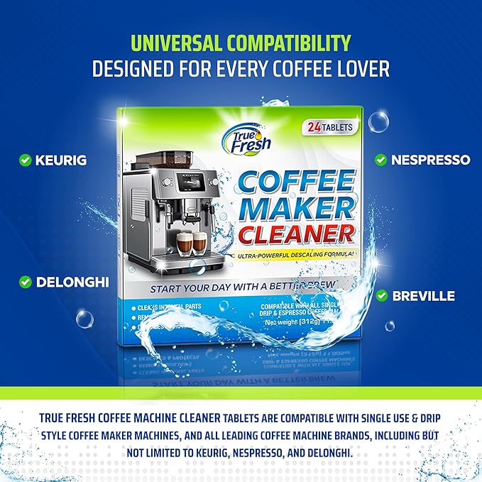 True Fresh Coffee Machine Descaler & Cleaner Tablets - 24 Count, 1 Year Supply, Deep Clean, Removes Limescale & Hard Water Buildup, for Keurig, Nespresso, Breville, Delonghi, Ninja, Miele, Jura Makers