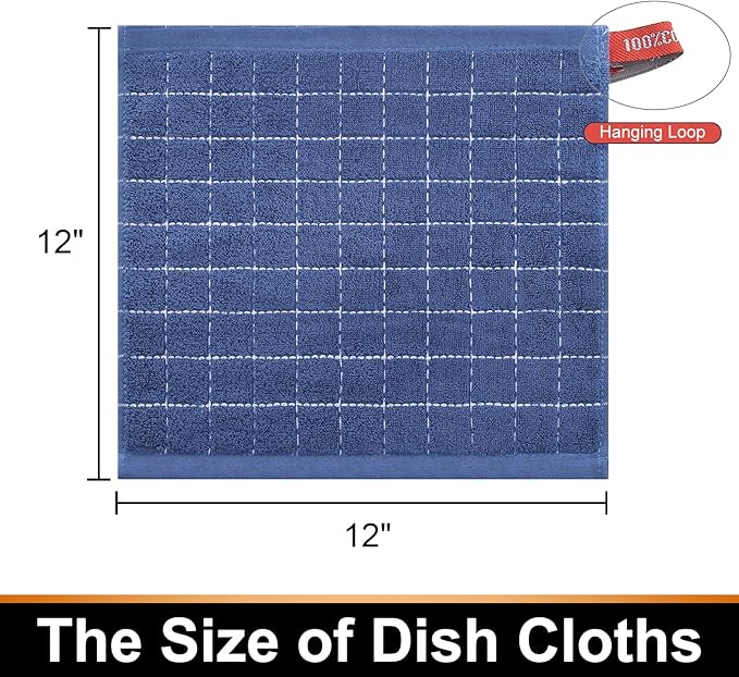 Mordimy 100% Cotton Terry Cloth Dish Cloths, Soft and Absorbent Checkered Dish Towels, Quick Drying Dish Rags for Washing Dishes, 6 Pack, 12 x 12 Inches, Navy