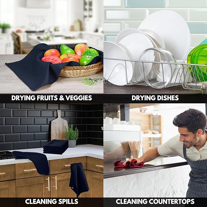 Navy Waffle Kitchen Dish Towels 100% Cotton, Soft, Absorbent, Quick Drying, Multipurpose Use, Bar & Tea Towels, 16x26 Inches, Durable, Machine Washable, Reusable, Set of 12, Navy Blue