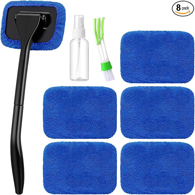 8 Pcs Car Windshield Cleaner Tool Kit with Removable Handle, Microfiber Towel Pads, Brush, Empty Spray Bottle for Auto Glass Wiper Suvs Rvs & Home Windows(Royal Blue)