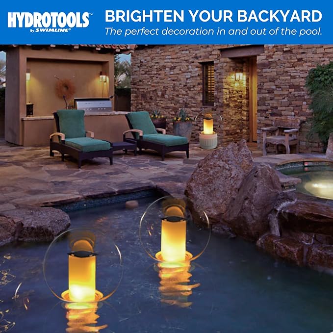 SWIMLINE HYDROTOOLS Chlorine Floater Dispenser For Above Ground & Inground Pools Spas | Solar Powered LED Light-Up Torch Flame Pool Decoration |Large Capacity Floating 3-Inch Chlorine Bromine Tabs