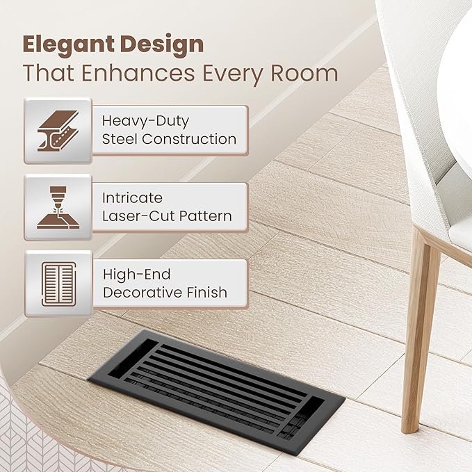 Floor Register 4x10 Vent Cover – Heavy-Duty Steel, Rustproof & Walkable Grates, Easy Drop-in Install, Adjustable Air Supply Switch - Decorative Straight Line Design, Textured Black