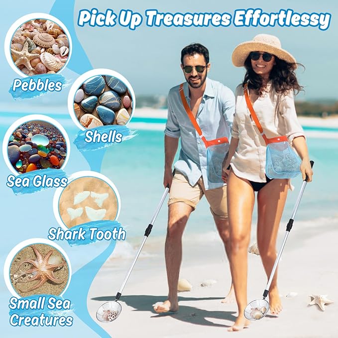 2 Pack Sand Sifter with Seashell Bags - 21.6"~33" Adjustable Shark Tooth Sifter for The Beach Seashell Collecting, Mesh Shovel Scooper with Retractable Handle, Beach Toys for Adults Family Kids