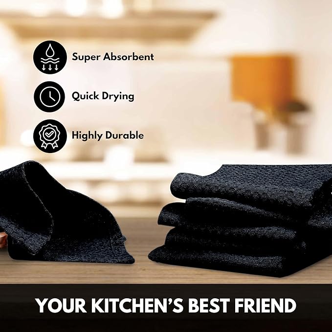Black Waffle Kitchen Dish Towels, 100% Cotton, Quick Dry, Super Absorbent, Soft, 16x26 Inches - Ideal for Dish Drying, Bar, Hand Wipe, Cleaning, and Everyday Use, 4 Pack