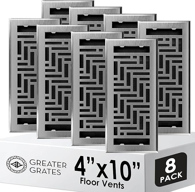 Floor Register 4x10 Vent Cover – 8 Pack – Heavy-Duty Steel, Rustproof & Walkable Grates, Drop-in Install, Adjustable Air Supply Switch - Decorative Herringbone Design, Brushed Nickel