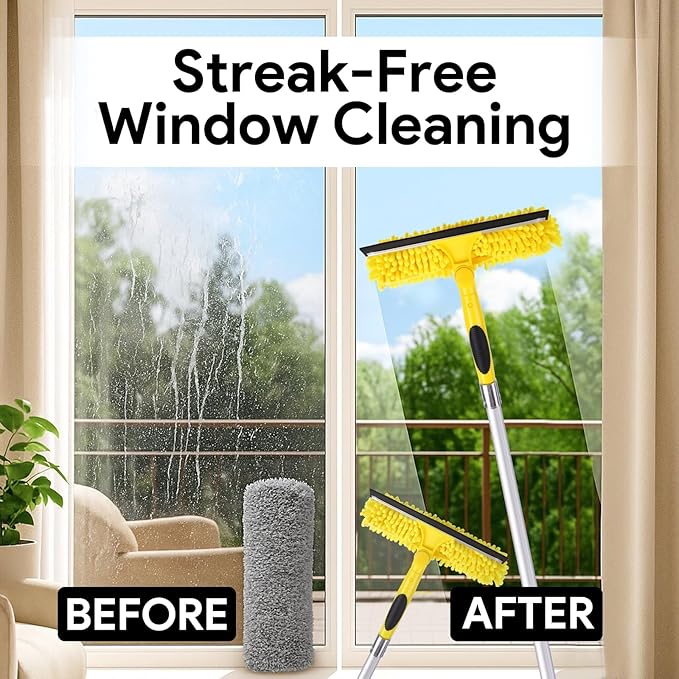 370'' Long Reach Window Squeegee with Telescoping Extension Pole, 2-in-1 Indoor/Outdoor Cleaning Tool with 270° Rotatable Head, Lightweight Alloy Aluminum Pole for Shower Door, Mirror, Car Windshield