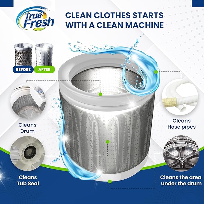 True Fresh Washing Machine Cleaner Tablets 25 Pack for Front Load, Top Loader & HE Washers, Eliminates Odor, Limescale & Grime, Deep Cleans Inside Drum Pump, Valve & Hoses – Septic Safe, 1-Year Supply