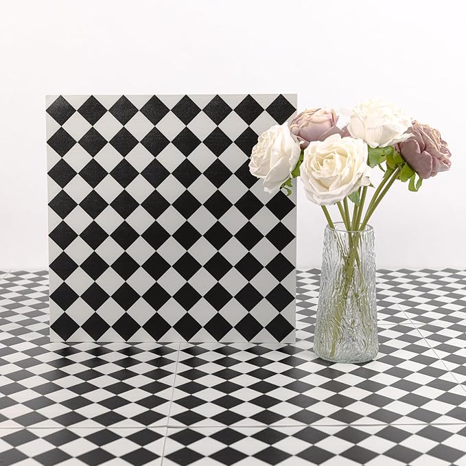 Elffloor Peel and Stick Floor Tile: 10pc 11.8 * 11.8in Self-Adhesive Waterproof Vinyl Flooring Black and White Tiles Sticker for Bathroom, Kitchen, Bedroom, Living Room ﻿