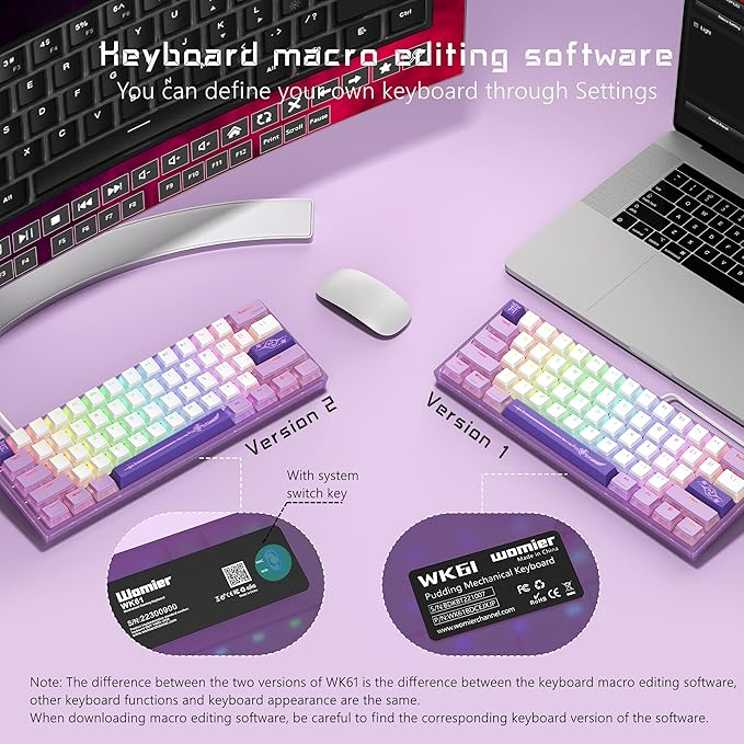 Womier 60% Percent Keyboard,WK61 V2 Mechanical RGB Wired Gaming Keyboard,Hot-Swappable Creamy Key Board with PBT Keycaps,Linear Red Switch for Windows/MAC (Purple)