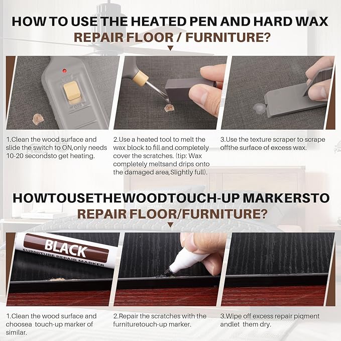 Laminate Floor Repair Kit -6PCS Vinyl Floor Wax with 6PCS Wood Touch Up Marker Restore Any Scratches, Stains, Cracks, Hole for Floor, Door, Cabinet