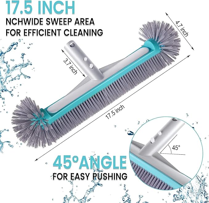 Swimming Pool Brush Head with Round Ends，17.5" Heavy Duty Aluminum Back Head for Cleans Walls, Tiles & Floors, 7 Rows Premium Nylon Bristles with EZ Clips (Blue Grey)