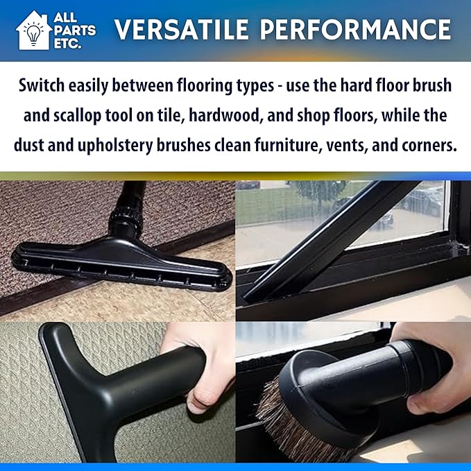 1.5” Backpack Vacuum Accessory Kit Includes Hose, 2-Piece Aluminum S-Wand, 14” Floor & Scallop Brushes, Dust & Upholstery Tools, 15” Crevice Tool, 10-Pack 100331 Vacuum Bags–10 Qt Size