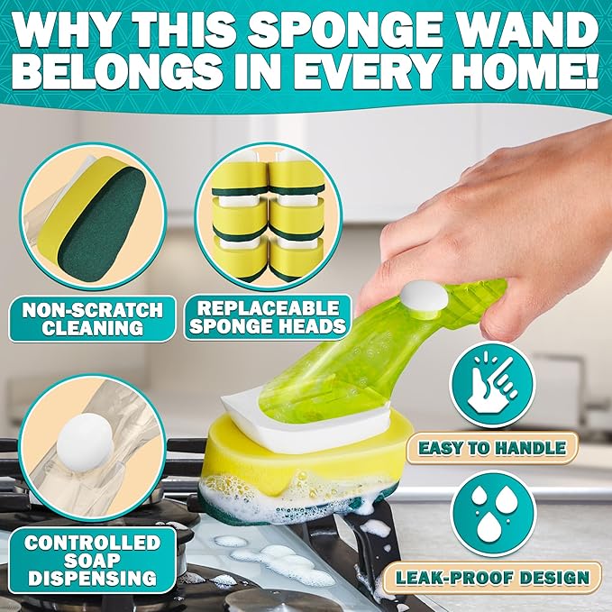 Dish Wand with Soap Dispenser - Dish Sponge with Handle for Quick Dishwashing, High-Density Non-Scratch Cellulose Head, 7 Sponge Refills Included - Leak-Proof Design for Clean & Easy Soap Control