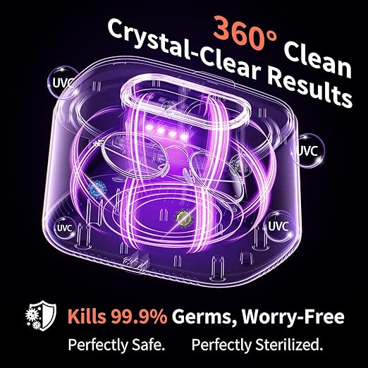 Ultrasonic Jewelry Cleaner, 47kHz Ultrasonic Retainer Cleaner Machine, 600ml Dental Cleaning Pod with 5 Modes, Dual Brush Ports and U-V Lights, Digital Timer for Eyeglasses, Rings, Watch Strap