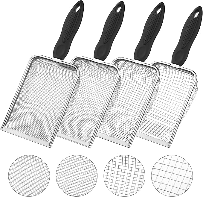4-Pack Stainless Steel Soil Sifter Set with Handle, Multi-Mesh Garden Sifter for Compost, Sand, Rocks - Gardening Tool & Reptile Sand Scoop for Litter Cleaning, Beach Shell Sifting