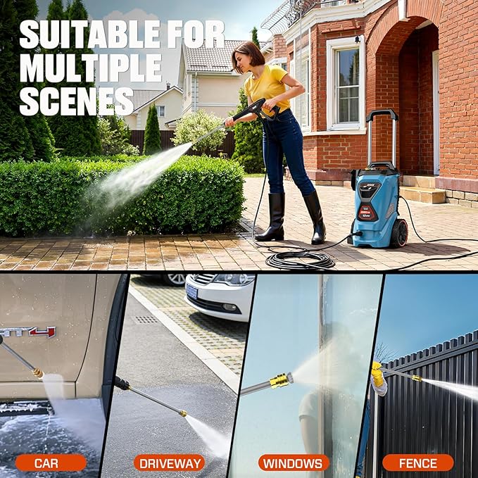 2000 PSI Electric Pressure Washer - 13 Amp, 1.2 GPM, Compact Design with 4 Quick-Connect Nozzles & Spray Gun - Includes 25 ft Hose and 35 ft Power Cord - Ideal for Cleaning Cars, Driveways, Patios