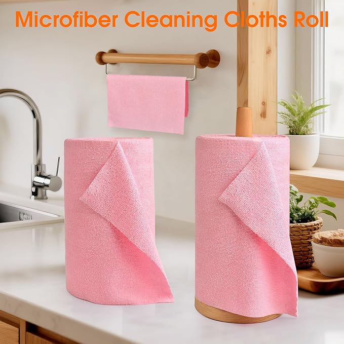 Microfiber Cleaning Cloth Roll - 100 Pack Tear Away Microfiber Paper Towels, Reusable, Washable, Scratch-Free, Kitchen Towels for Car, Home, Kitchen, Glass, Dishes(Pink)