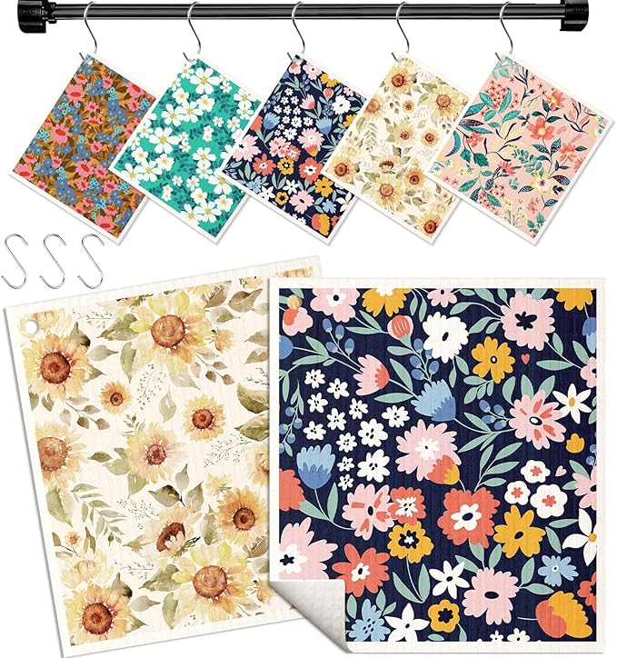 Swedish Dishcloths for Kitchen with Hooks - Reusable Dish Cloths for Washing Dishes Fast Drying Cute Fun 5 Pack Swedish Dish Towels Washable Cleaning Sponge, Color Floral Cluster