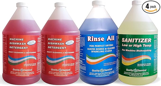 Quality Chemical Commercial Dishwashing Kit/4 Gallon Combo Pack - Dishwash (2 Pack), Rinse All (1 Pack), Chloro Guard Low Temp (1 Pack)/Food Grade Sanitizer for Restaurant Dishwasher Sanitizer