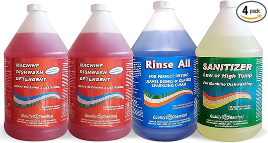 Quality Chemical Commercial Dishwashing Kit/4 Gallon Combo Pack - Dishwash (2 Pack), Rinse All (1 Pack), Chloro Guard Low Temp (1 Pack)/Food Grade Sanitizer for Restaurant Dishwasher Sanitizer