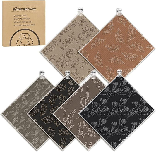 Needbrock 6 Pack Swedish Dishcloths for Kitchen,Swedish Rags Dish Towels with Clips, Reusable Paper Towels Washable Absorbent Cellulose Sponge Cloths No Odor for Cleaning Home Kitchen