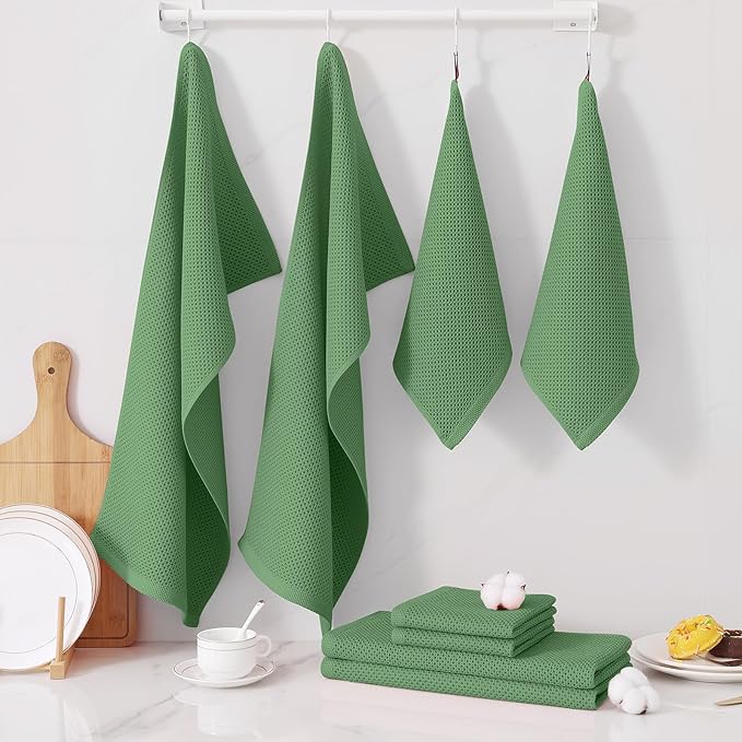 Homaxy 100% Cotton Kitchen Towels and Dishcloths Set, 12 x 12 Inches and 13 x 28 Inches, Set of 16 Bulk Kitchen Towels Set, Ultra Soft Absorbent Dish Cloths for Washing Dishes, Grass Green