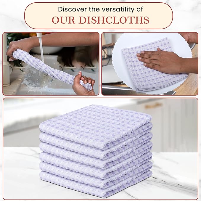 Vintage Vista 100% Cotton Dish Cloths (Pack of 6) - Dish Rags for Washing Dishes - Reusable & Highly Absorbent Kitchen Towels - Kitchen Rags for Christmas - (12" x 12" - Purple Honeycomb)