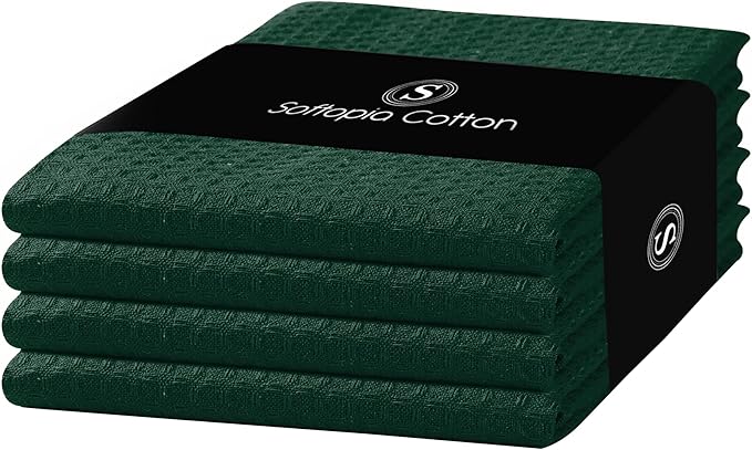 Forest Green Kitchen Towels – Waffle Weave, 100% Cotton, Soft & Absorbent, Fast Dry, Durable, 16x26 Inches, Perfect for Dish Drying, Cleaning, and Everyday Use, Set of 4, Olive Green