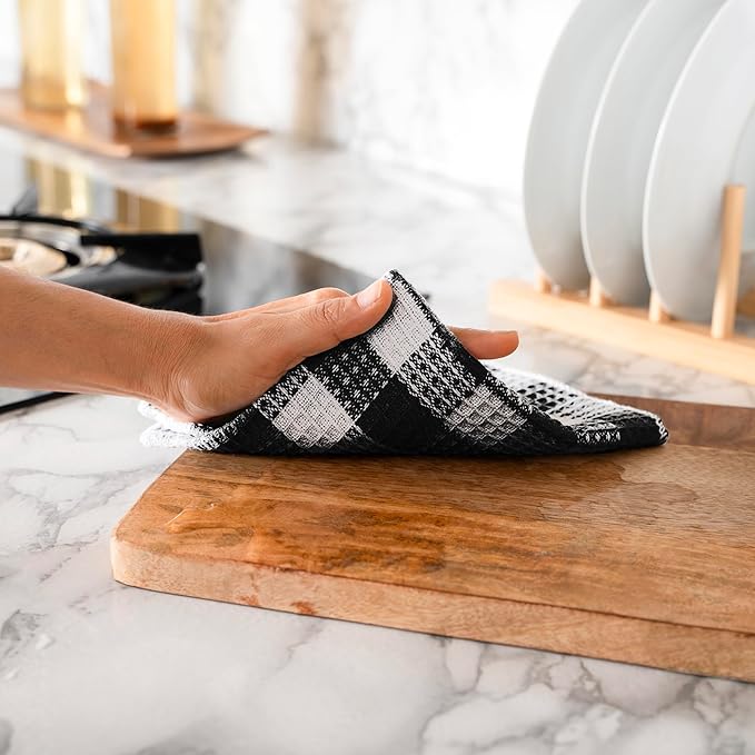 Blue Needles Waffle Weave Check Plaid Dish Cloths, 12x12 Inches 100% Cotton Set of 8 Dish Towels for Kitchen, Ultra Soft & Absorbent Kitchen Towels for Quick Drying Spring Summer - Black & White